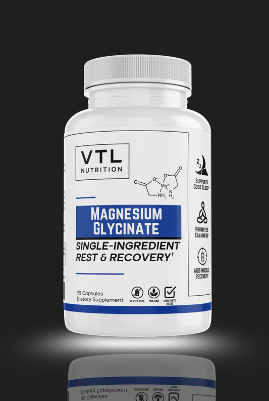 VTL Nutrition Magnesium Glycinate supplement bottle on a black background