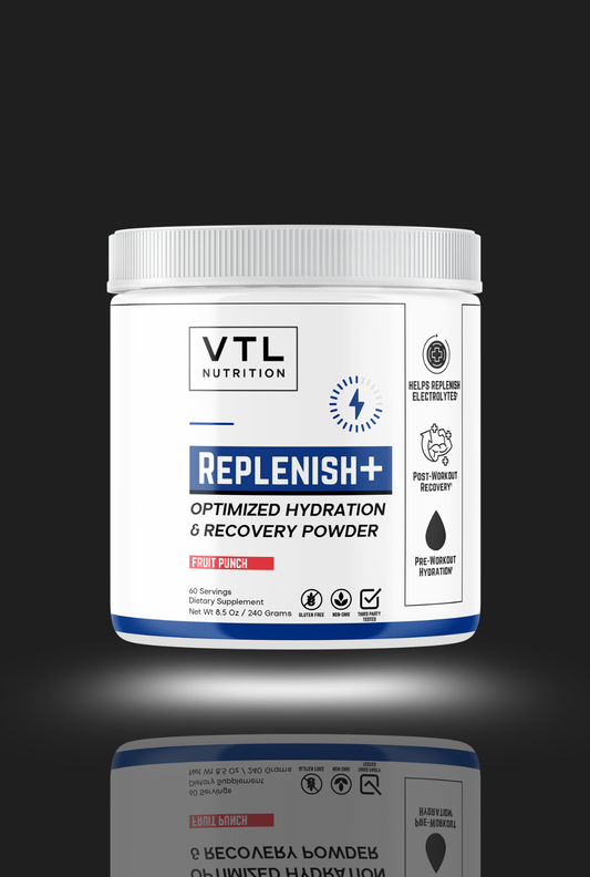 VTL Nutrition Replenish+ Optimized Hydration & Recovery Powder container on a black background